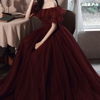 Burgundy tulle long A line prom dress evening dress - Thumbnail 6