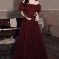 Burgundy tulle long A line prom dress evening dress - Thumbnail 7