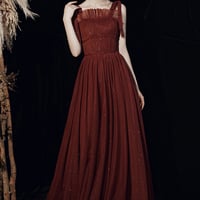 Burgundy tulle long A line prom dress evening dress - Thumbnail 1