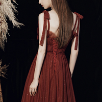 Burgundy tulle long A line prom dress evening dress - Thumbnail 4