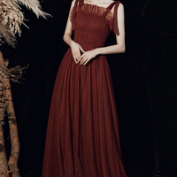 Burgundy tulle long A line prom dress evening dress - Thumbnail 6