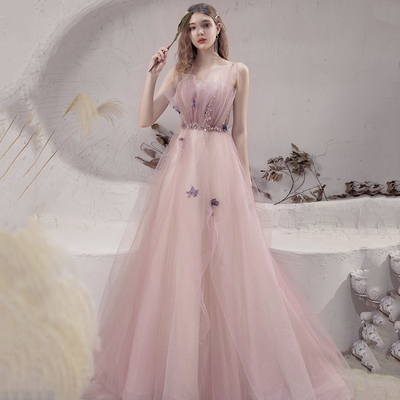 Pink tulle long a line prom dress evening dress - Thumbnail 3
