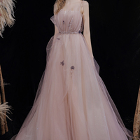 Pink tulle long A line prom dress evening dress - Thumbnail 4
