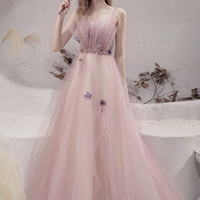 Pink tulle long A line prom dress evening dress - Thumbnail 6