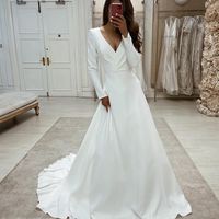 Retro Elegant A Line Long Sleeves V Neck Soft Satin Wedding Gowns - Thumbnail 1