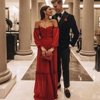 Chic A-Line Sweetheart Dark Red Chiffon Long Prom Evening Dresses with Sleeves - Thumbnail 1