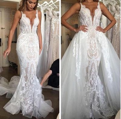 Detachable V Neck Whire Lace Wedding Dress bride gown