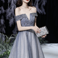 Grey tulle beads long prom dress shiny evening dress - Thumbnail 2