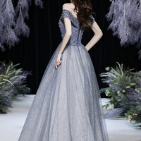 Grey tulle beads long prom dress shiny evening dress - Thumbnail 4