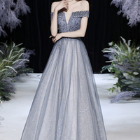 Grey tulle beads long prom dress shiny evening dress - Thumbnail 1