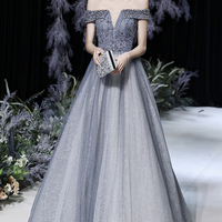 Grey tulle beads long prom dress shiny evening dress - Thumbnail 6