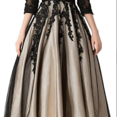 Champagne and black tea length prom evening gowns, long sleeves lace applique v neck prom dress，283