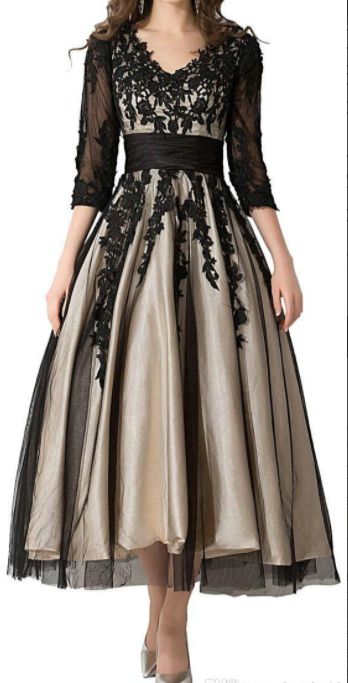 Champagne And Black Tea Length Prom Evening Gowns, Long Sleeves Lace Applique V Neck Prom Dress，283