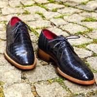 New Pure Handmade Black Crocodile Leather Lace up Shoes for Men's - Thumbnail 1