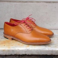 New Pure Handmade Tan Leather Lace up Shoes for Men's - Thumbnail 1