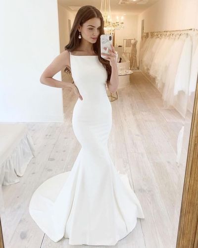 Elegant Mermaid Square Neck White Satin Wedding Dresses