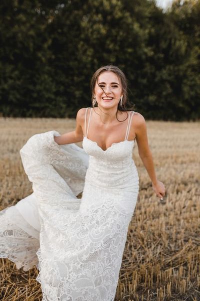 Mermaid Sweetheart Lace Boho Spring Wedding Dress with Train