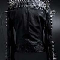 HANDMADE Mens Full Black Punk Silver Long Spiked Studded Leather Buttons Up Jacket Silver Studs and Spikes Black Leather Jacket - Thumbnail 1