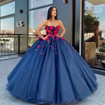 Dark blue ball gown evening dress sexy spaghetti straps flowers plus size prom party gowns，848