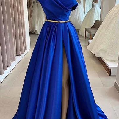 Royal blue off shoulder prom dress v neck plus size high slit women formal evening dresses long party gowns,850