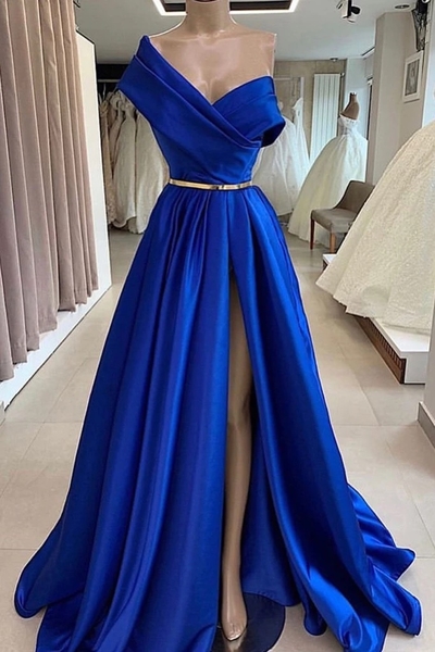Royal Blue Off Shoulder Prom Dress V Neck Plus Size High Slit Women Formal Evening Dresses Long Party Gowns,850
