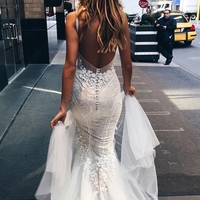 Luxurious Ivory Straps Mermaid Sleeveless Long Deep V-neck Tulle Wedding Dress with Lace,854 - Thumbnail 1