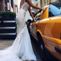 Luxurious Ivory Straps Mermaid Sleeveless Long Deep V-neck Tulle Wedding Dress with Lace,854 - Thumbnail 2