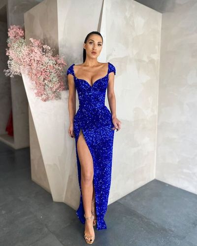 Sexy Mermaid Sweetheart Cap Sleeve Royal Blue Sequin Long Prom Evening Dresses,856