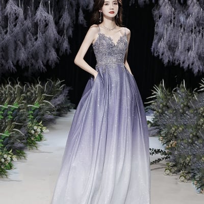 Stylish v neck lace long prom dress evening dress - Thumbnail 3