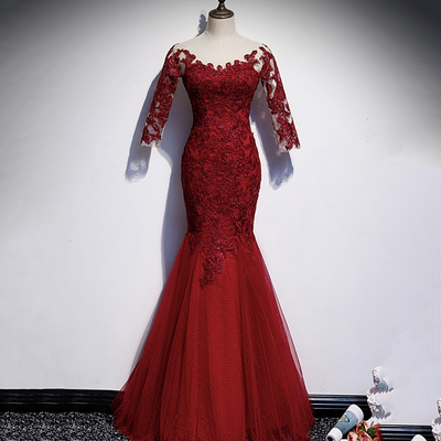Burgundy lace long prom dress mermaid evening dress - Thumbnail 3