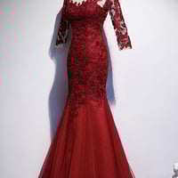 Burgundy lace long prom dress mermaid evening dress - Thumbnail 2