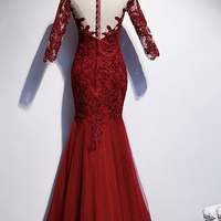 Burgundy lace long prom dress mermaid evening dress - Thumbnail 3