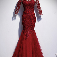 Burgundy lace long prom dress mermaid evening dress - Thumbnail 5