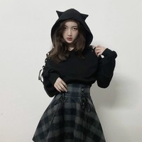 Gothic Harajuku Black Cat Ears Hoodie - Thumbnail 1