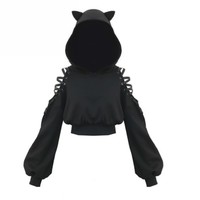 Gothic Harajuku Black Cat Ears Hoodie - Thumbnail 5