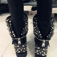 Black Leather Rivets Women's Boots - Thumbnail 1