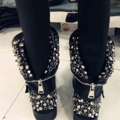 Black leather rivets women's boots - Thumbnail 4