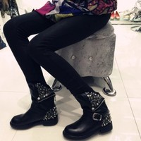 Black Leather Rivets Women's Boots - Thumbnail 3