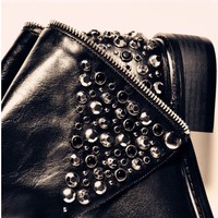 Black Leather Rivets Women's Boots - Thumbnail 2