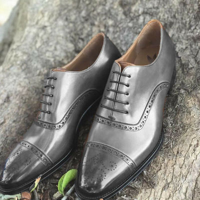 Mens gray oxfords brogues lace up cap toe formal wear handmade shoes