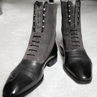 High Ankle Pointed Cap Toe Gray Black Handmade Genuine Leather Stylish Boots - Thumbnail 4