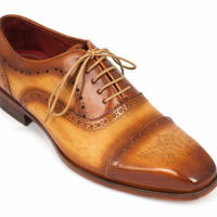 Mens Handmade Shoes Cap Toe Oxfords Tan Brown Leather Formal Wear Casual Boots - Thumbnail 1