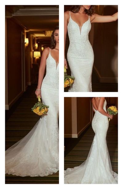 Elegant Mermaid V Neck White Lace Wedding Dress