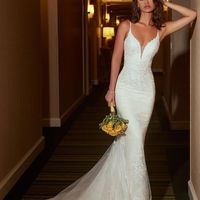 Elegant Mermaid V Neck White Lace Wedding Dress - Thumbnail 3