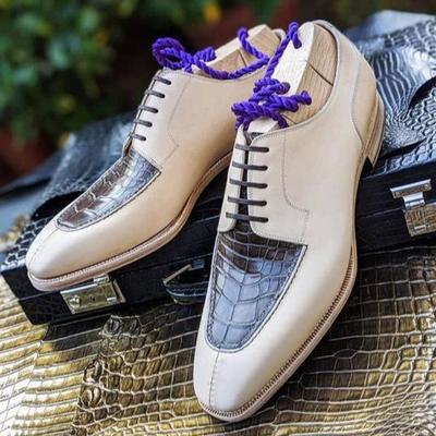 New pure handmade beige plain & brown crocodile leather stylish lace up dress shoes for men's - Thumbnail 2