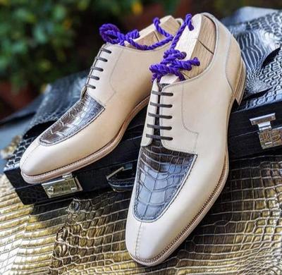 New Pure Handmade Beige Plain & Brown Crocodile Leather Stylish Lace Up Dress Shoes For Men's