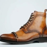 New Handmade Tan Shaded Pure Leather Lace up Ankle Boots for Men's - Thumbnail 1