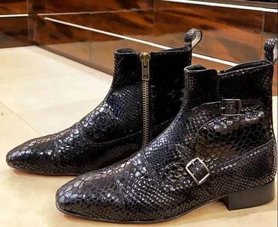 New Handmade Pure Black Snake Leather Zipper Ankle Boots for Men's