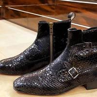 New Handmade Pure Black Snake Leather Zipper Ankle Boots for Men's - Thumbnail 4