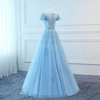 SP1477,2021 Prom Dresses Long Blue Evening Dresses Foral Tulle Dress Women Formal Party Gown Fashionable Bride Gown Corset Back Quality Custom Made - Thumbnail 1